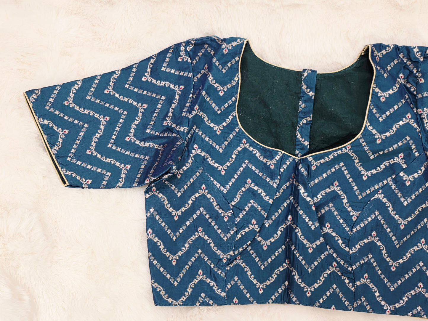 Teal Blue Banarasi Silk Stitched Blouse with Chevron Butta