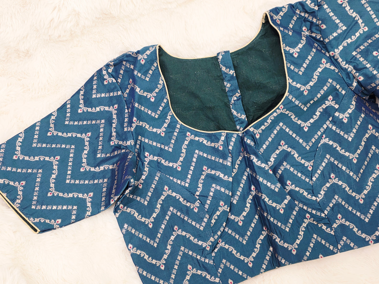 Teal Blue Banarasi Silk Stitched Blouse with Chevron Butta