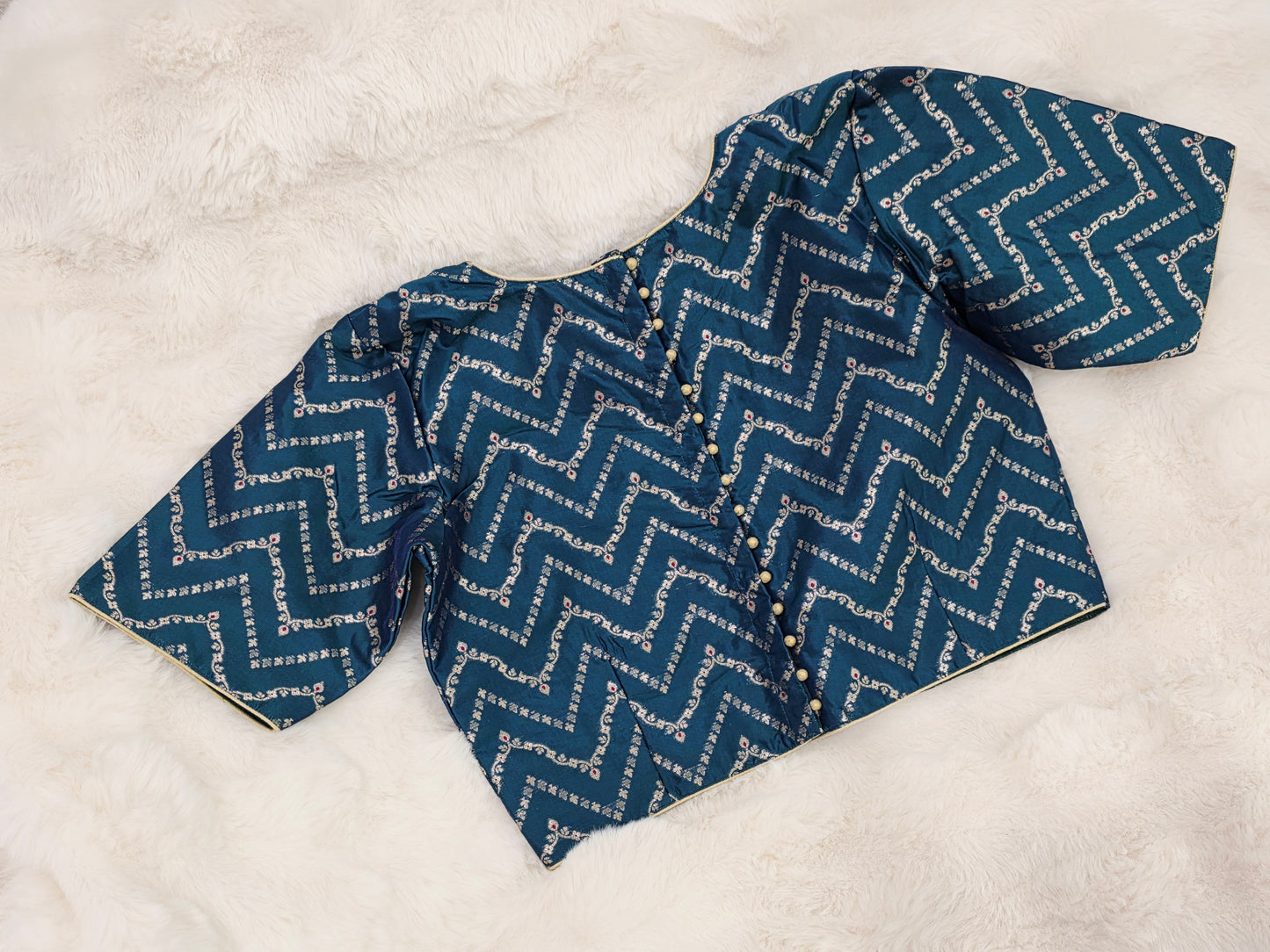 Teal Blue Banarasi Silk Stitched Blouse with Chevron Butta