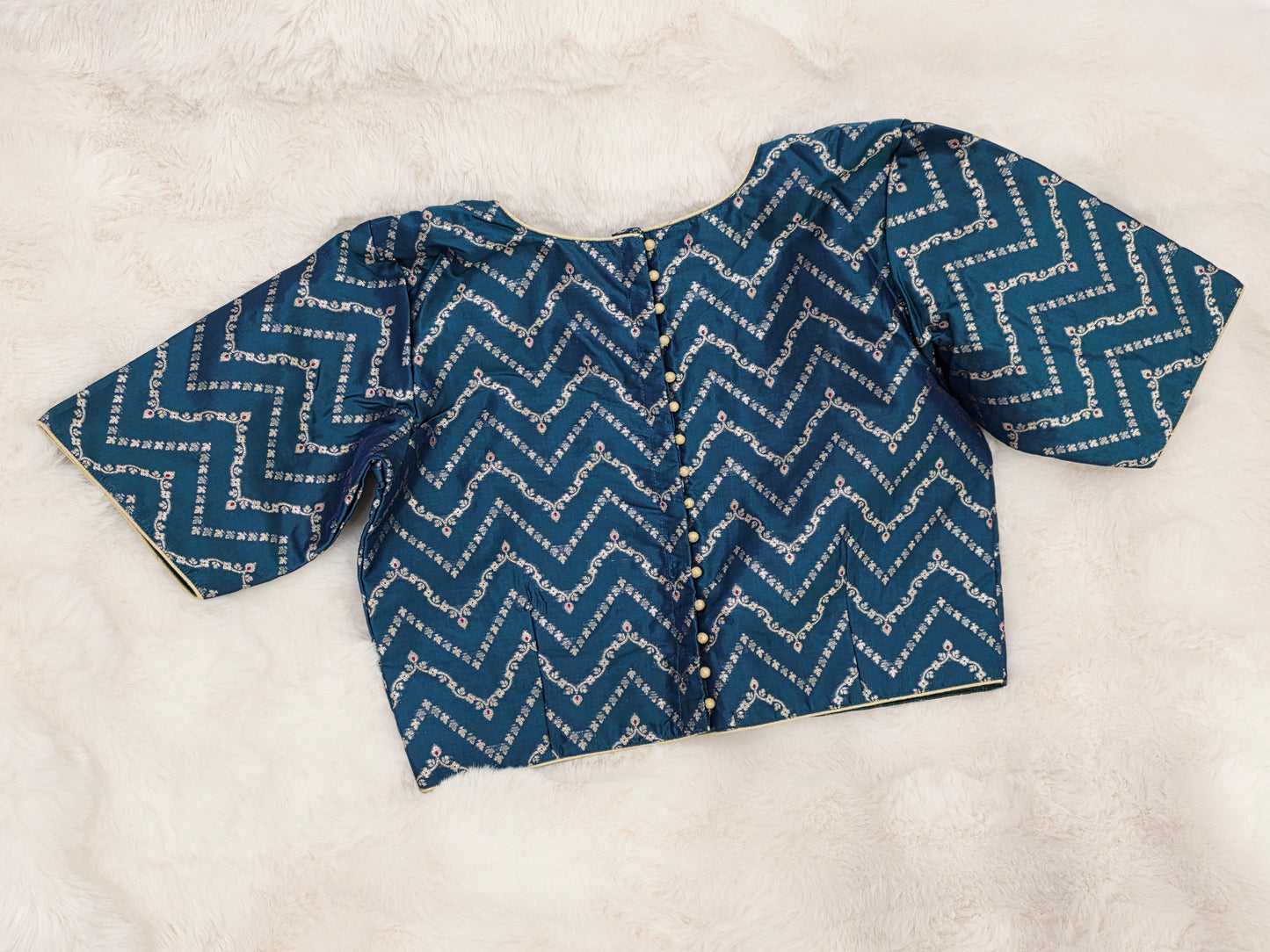 Teal Blue Banarasi Silk Stitched Blouse with Chevron Butta