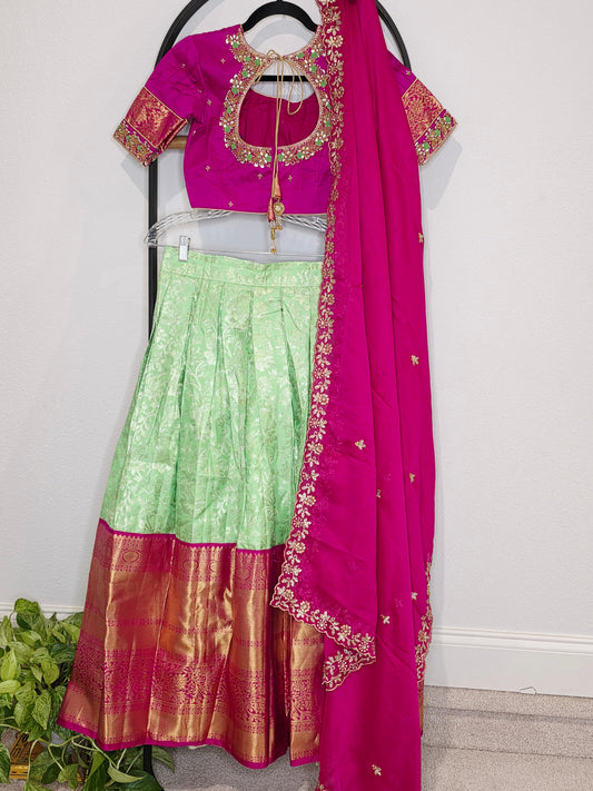 Royal Mint Pista Green & Rani Pink Pure Kanchi Silk Traditional Half Saree Lehenga Set