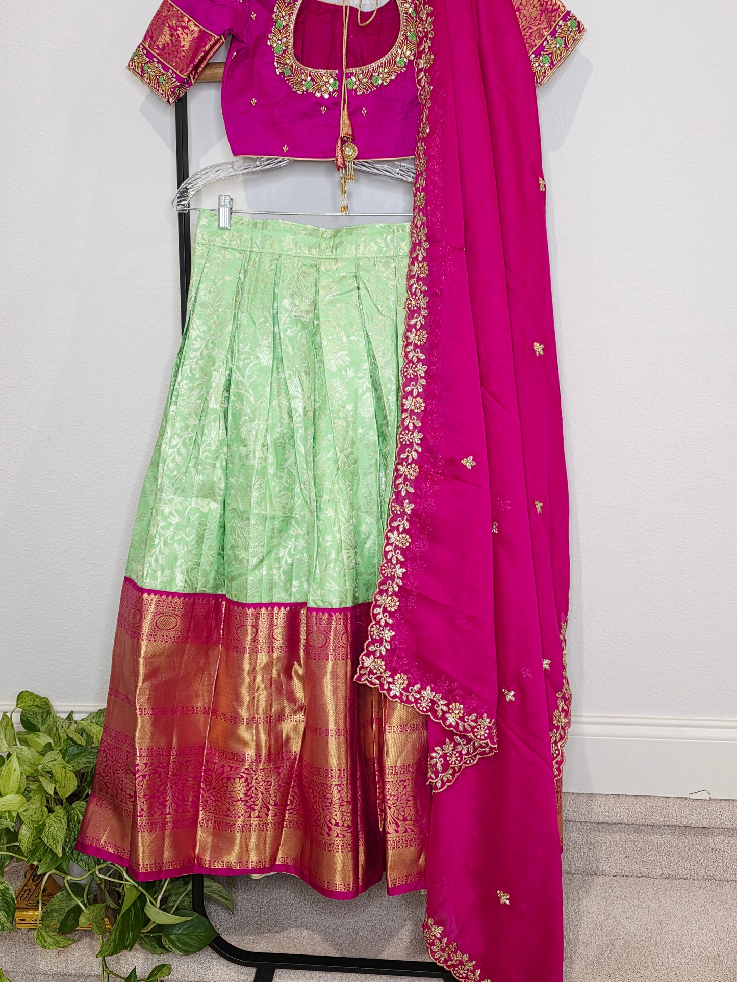 Royal Mint Pista Green & Rani Pink Pure Kanchi Silk Traditional Half Saree Lehenga Set