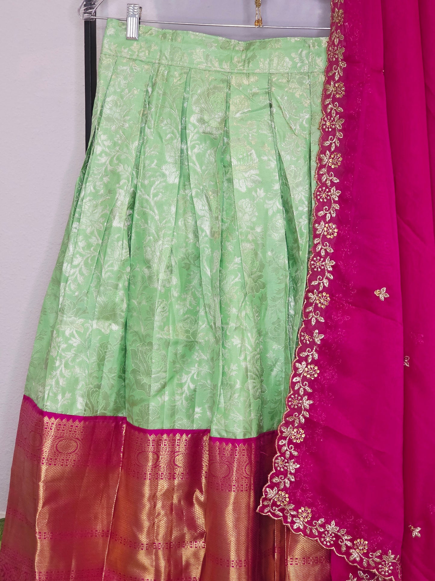 Royal Mint Pista Green & Rani Pink Pure Kanchi Silk Traditional Half Saree Lehenga Set