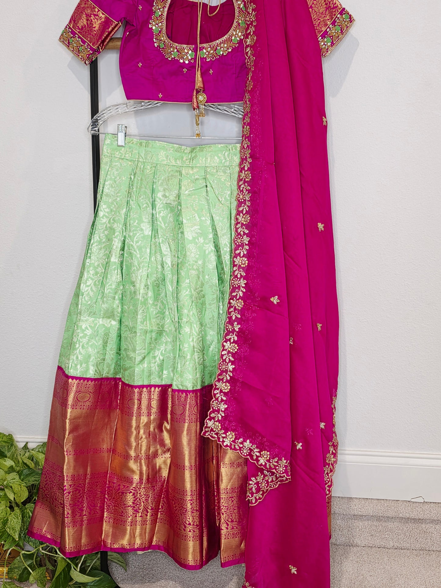Royal Mint Pista Green & Rani Pink Pure Kanchi Silk Traditional Half Saree Lehenga Set