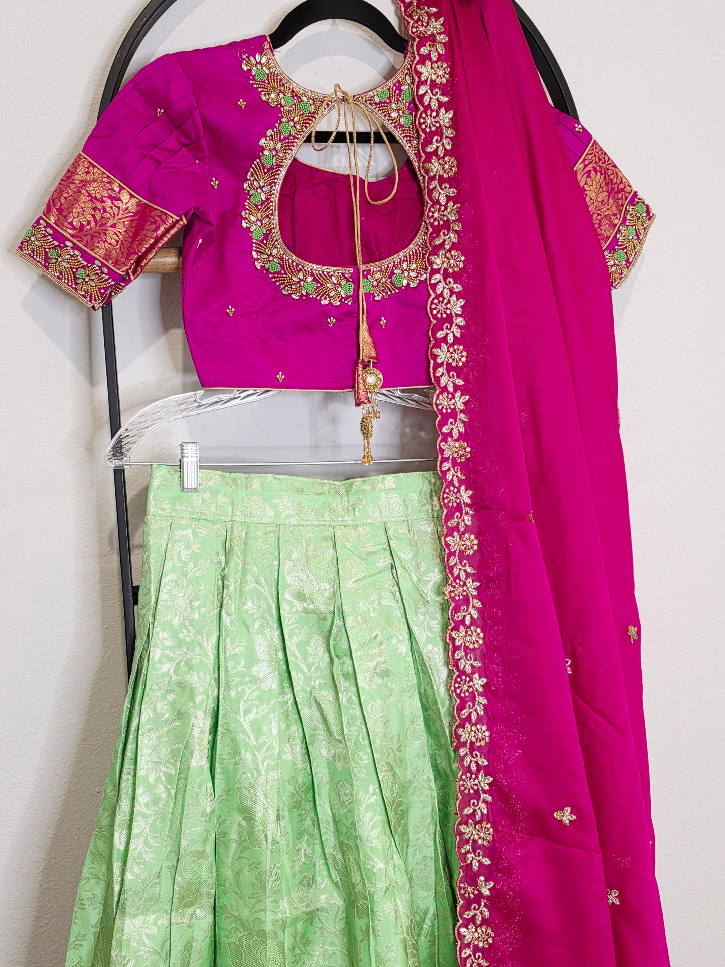 Royal Mint Pista Green & Rani Pink Pure Kanchi Silk Traditional Half Saree Lehenga Set