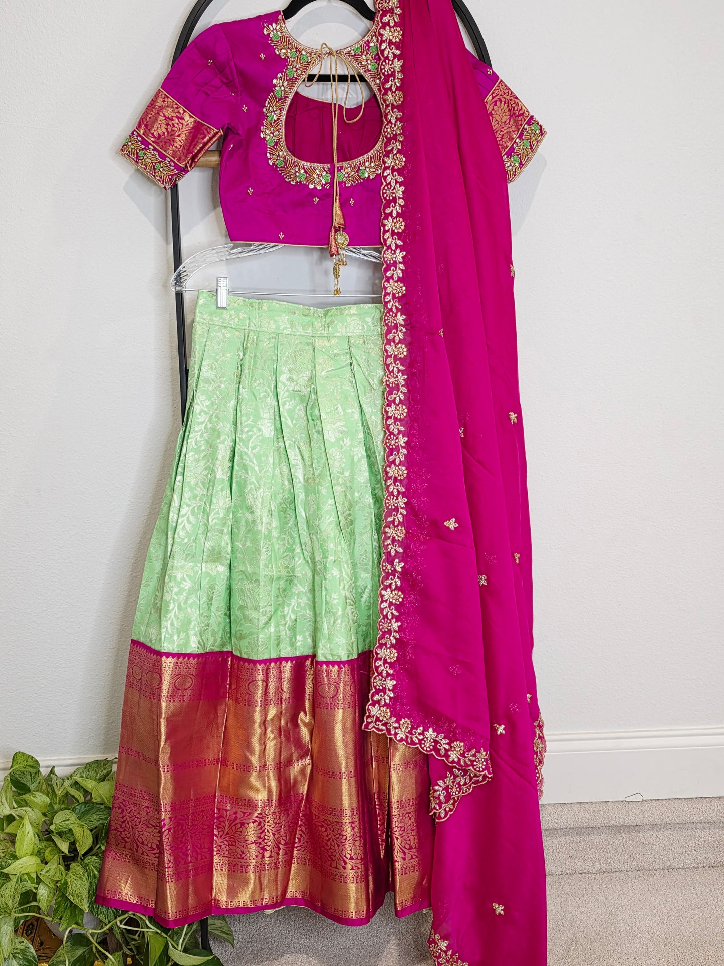 Royal Mint Pista Green & Rani Pink Pure Kanchi Silk Traditional Half Saree Lehenga Set