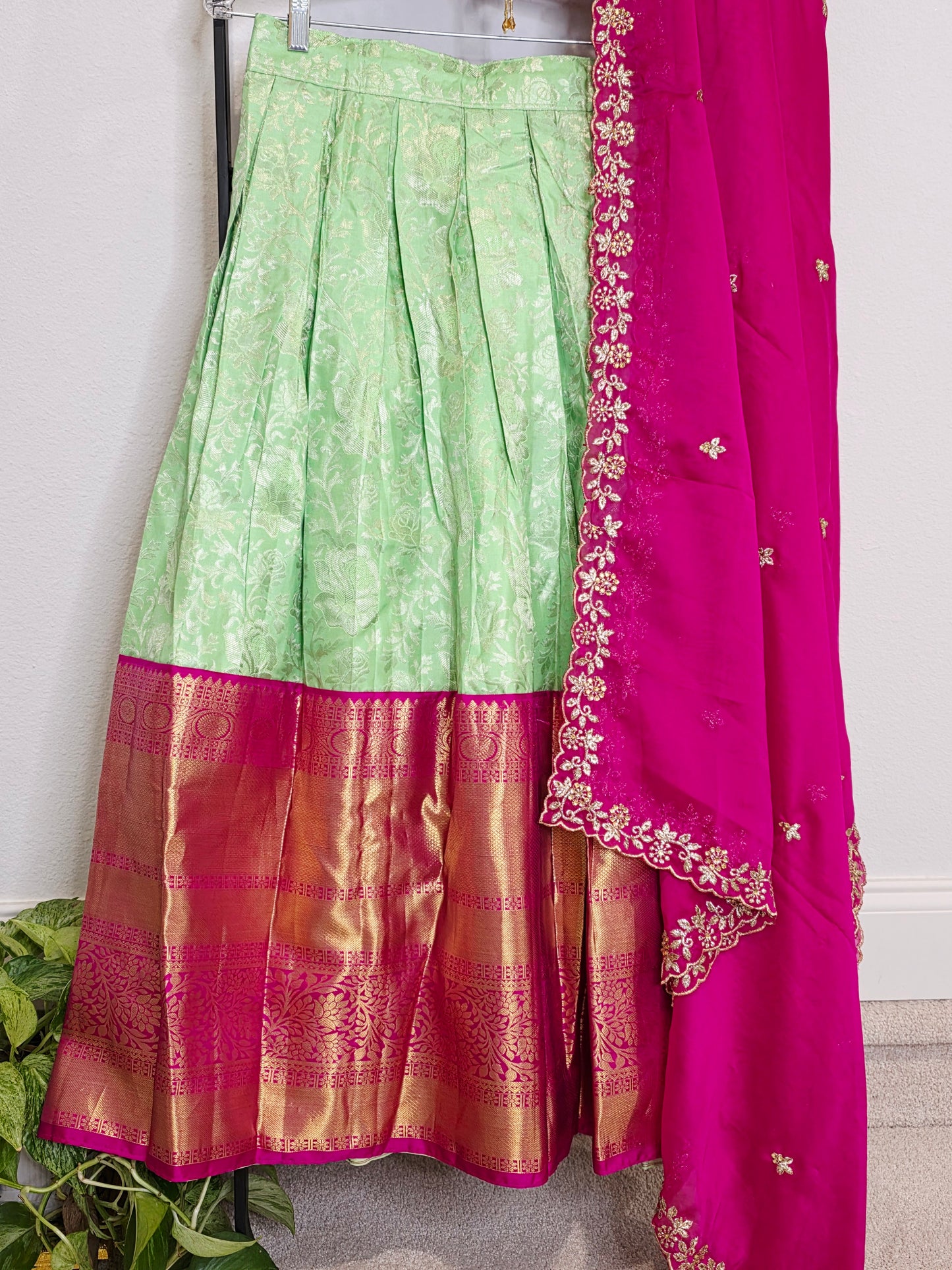 Royal Mint Pista Green & Rani Pink Pure Kanchi Silk Traditional Half Saree Lehenga Set