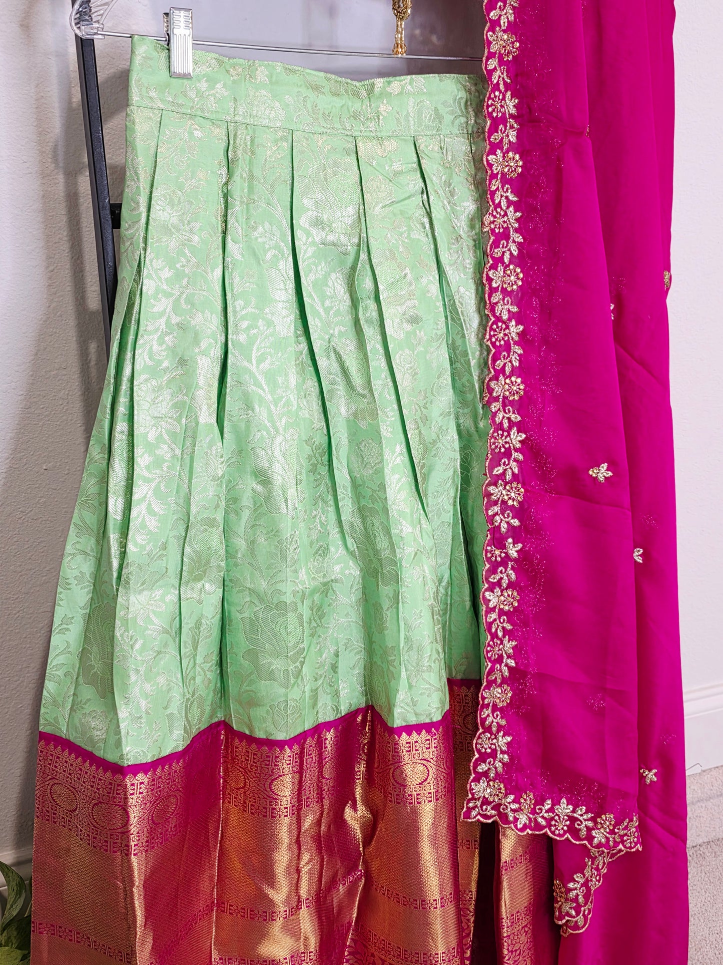 Royal Mint Pista Green & Rani Pink Pure Kanchi Silk Traditional Half Saree Lehenga Set