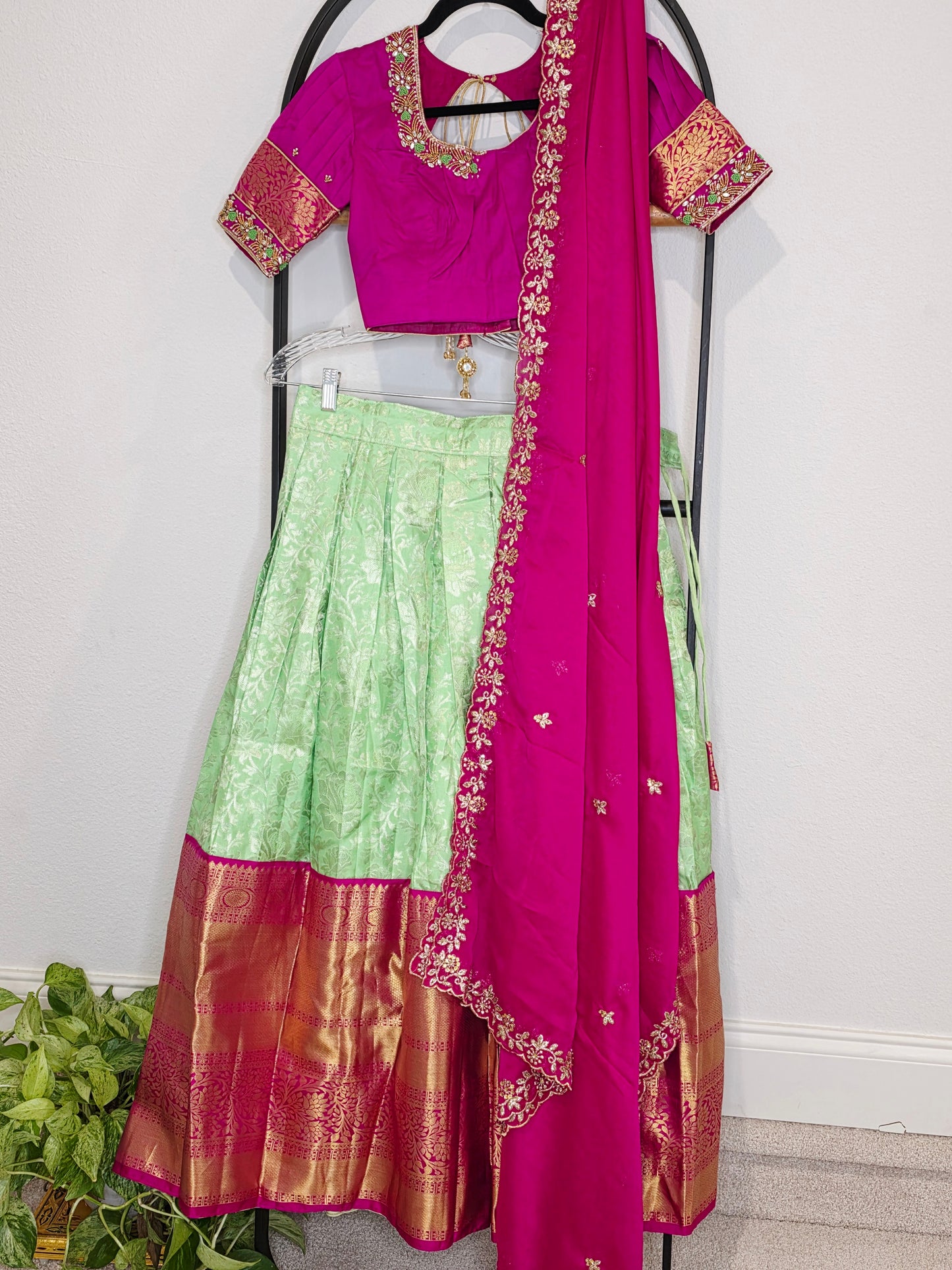 Royal Mint Pista Green & Rani Pink Pure Kanchi Silk Traditional Half Saree Lehenga Set