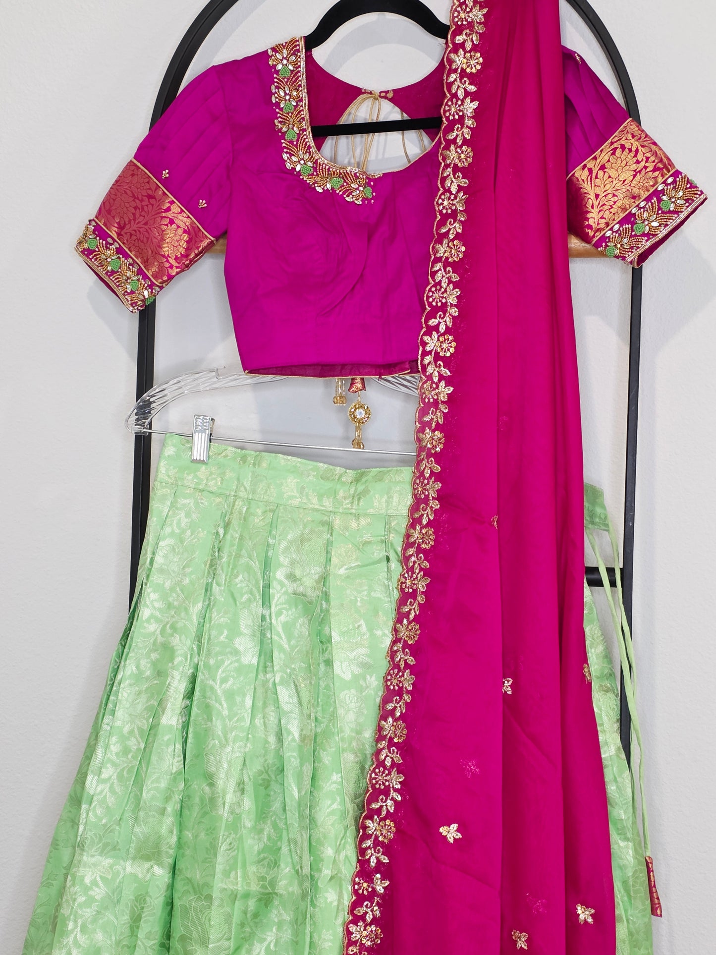 Royal Mint Pista Green & Rani Pink Pure Kanchi Silk Traditional Half Saree Lehenga Set