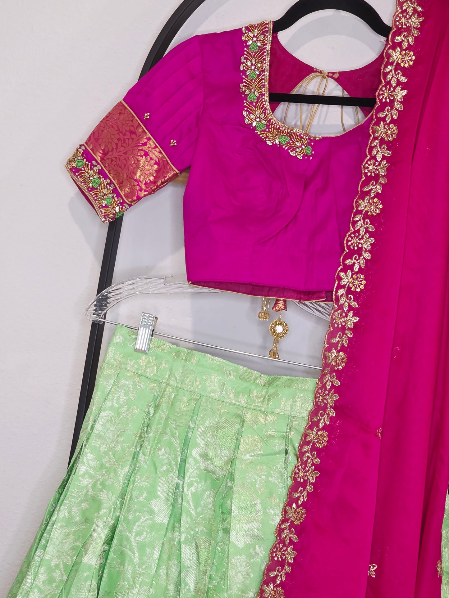 Royal Mint Pista Green & Rani Pink Pure Kanchi Silk Traditional Half Saree Lehenga Set
