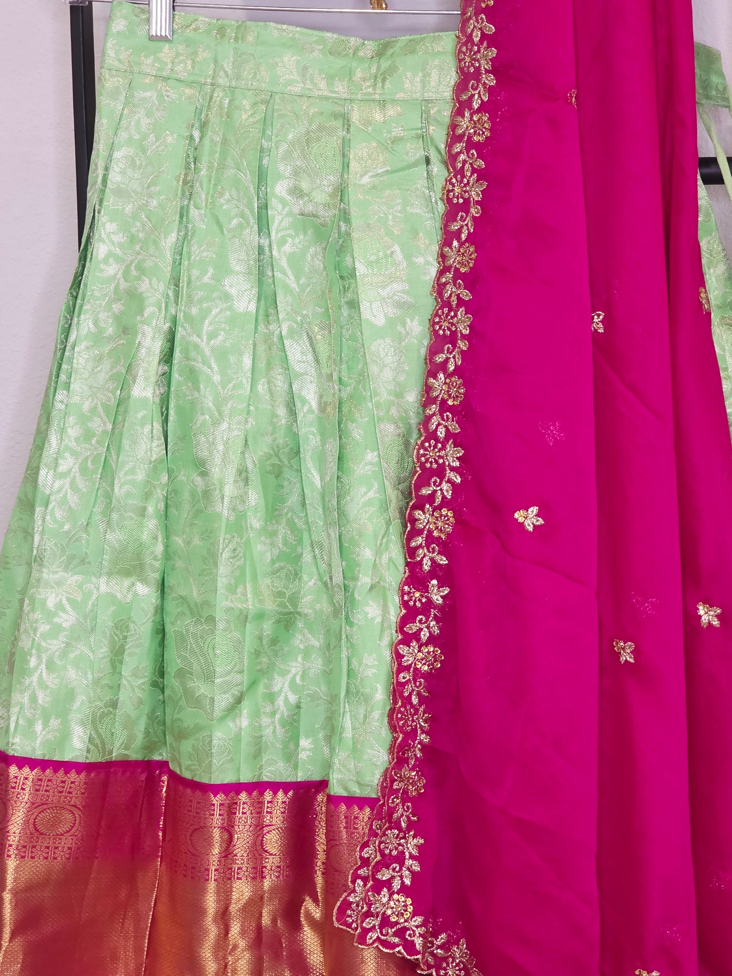 Royal Mint Pista Green & Rani Pink Pure Kanchi Silk Traditional Half Saree Lehenga Set