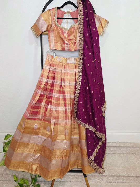 Sunset Peach Gold Tissue Benarasi Half Saree Lehenga Set with Regal Magenta Munga Silk Cutwork Dupatta
