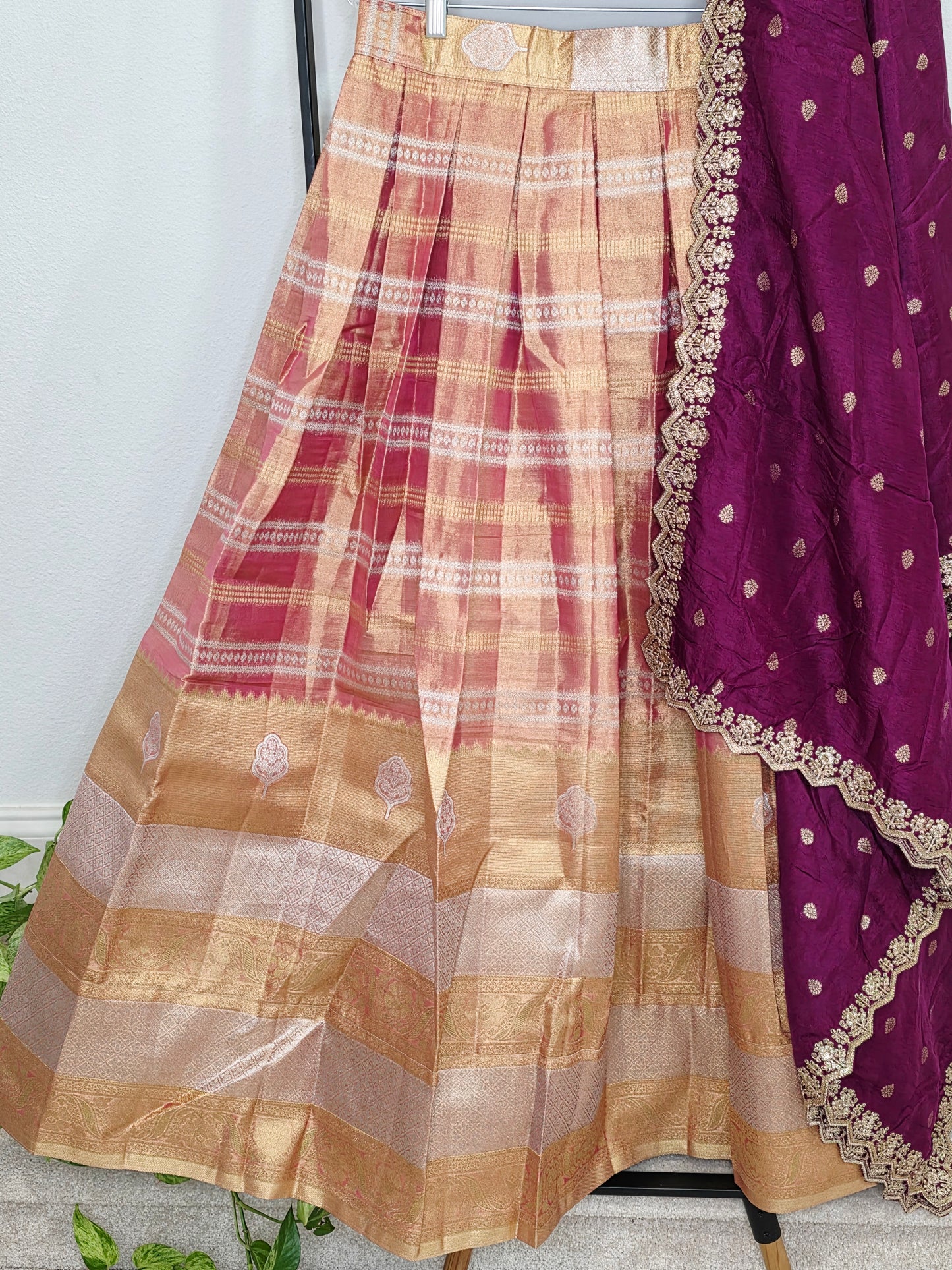 Sunset Peach Gold Tissue Benarasi Half Saree Lehenga Set with Regal Magenta Munga Silk Cutwork Dupatta