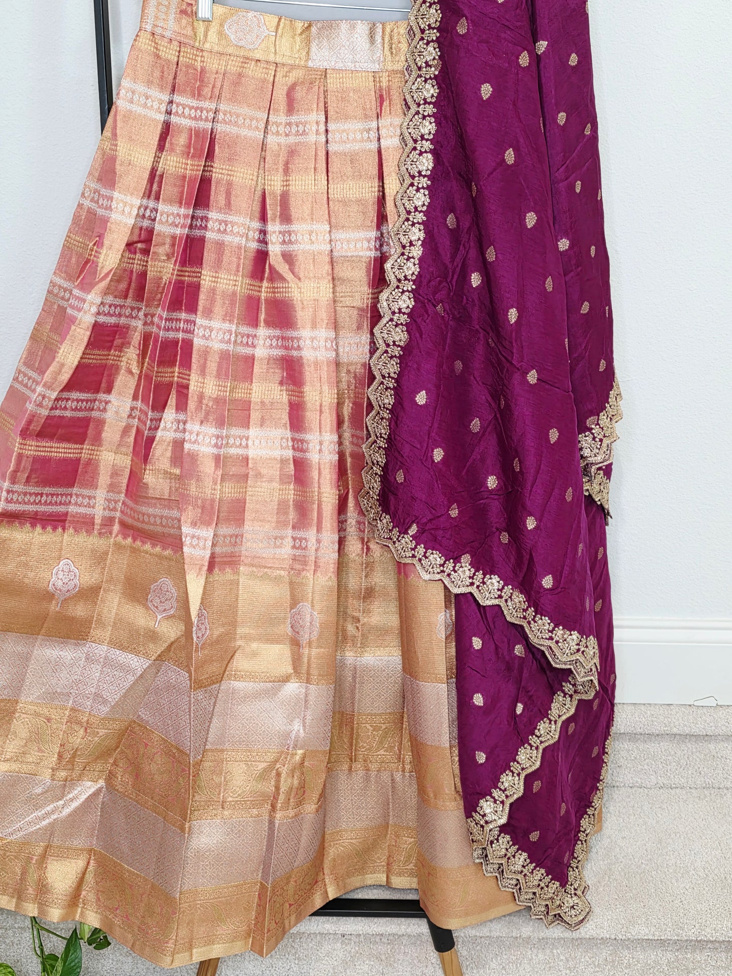 Sunset Peach Gold Tissue Benarasi Half Saree Lehenga Set with Regal Magenta Munga Silk Cutwork Dupatta