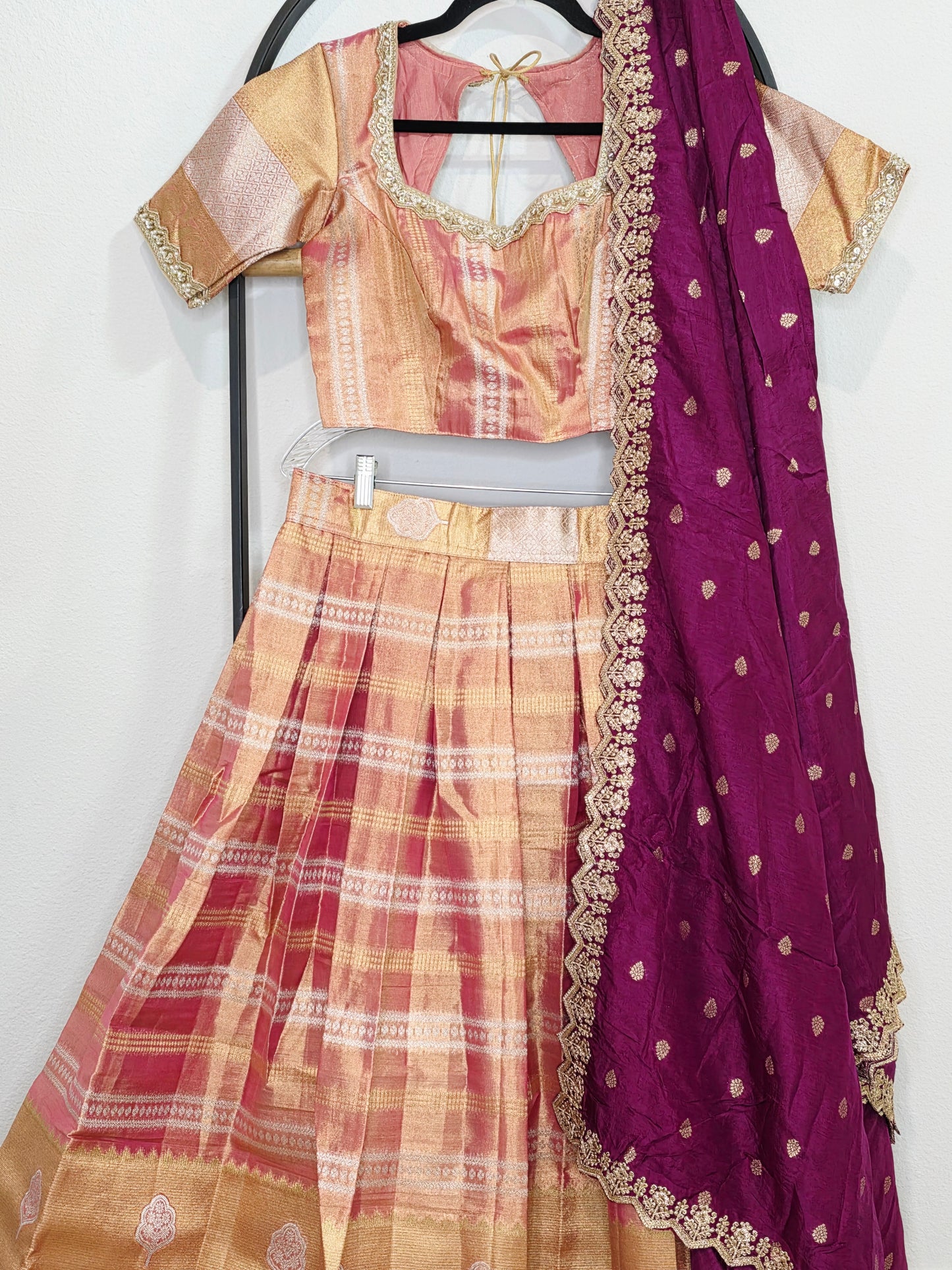 Sunset Peach Gold Tissue Benarasi Half Saree Lehenga Set with Regal Magenta Munga Silk Cutwork Dupatta