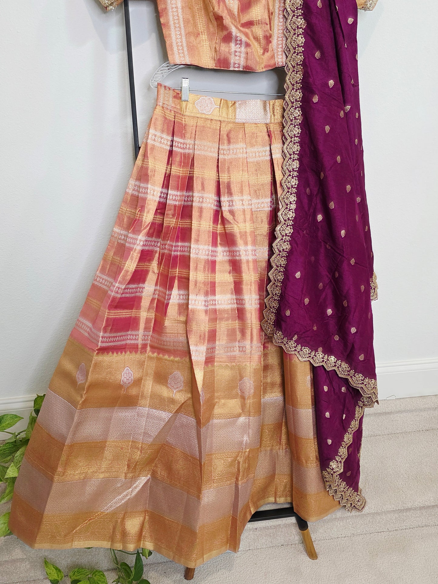 Sunset Peach Gold Tissue Benarasi Half Saree Lehenga Set with Regal Magenta Munga Silk Cutwork Dupatta