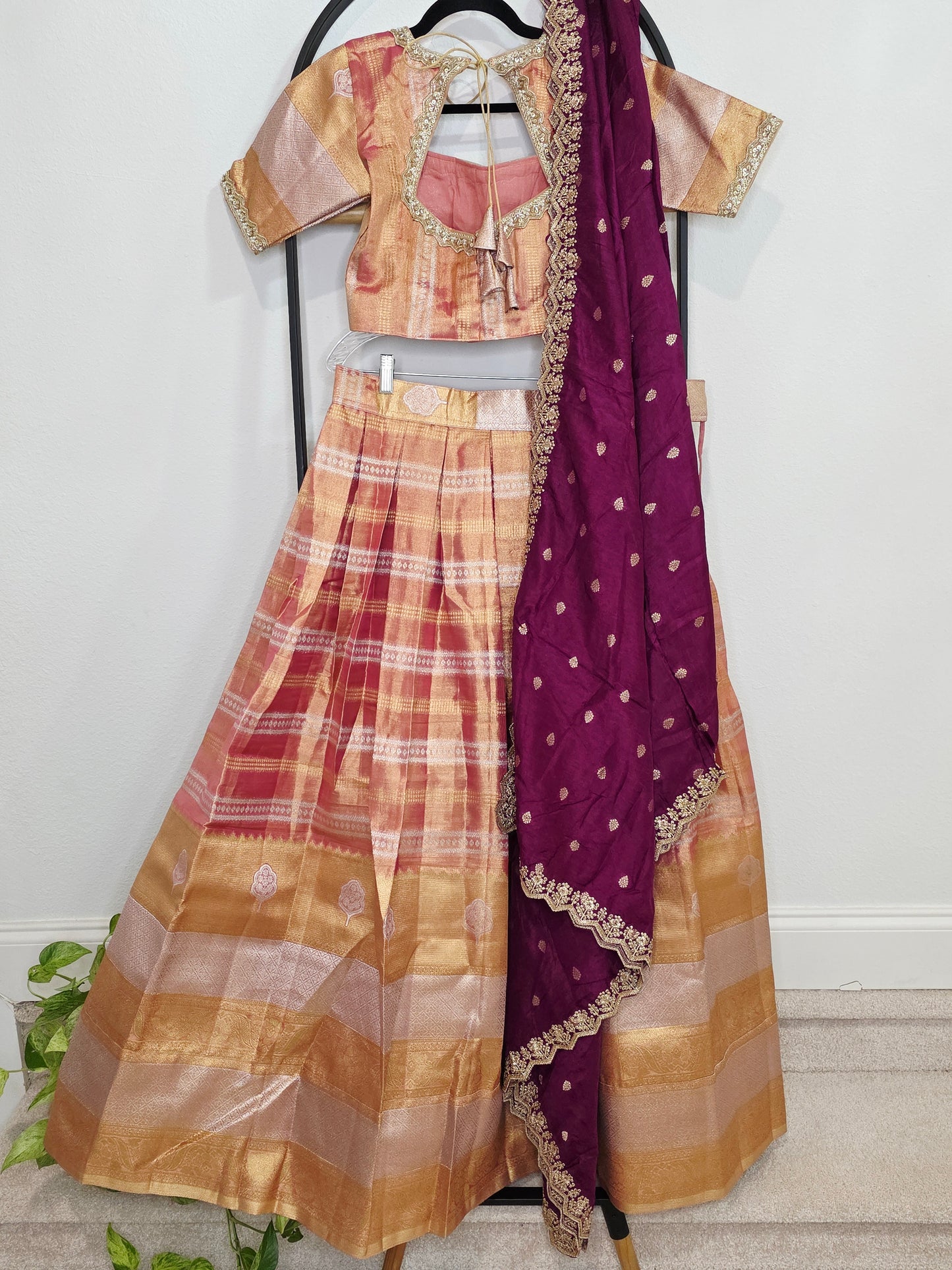 Sunset Peach Gold Tissue Benarasi Half Saree Lehenga Set with Regal Magenta Munga Silk Cutwork Dupatta