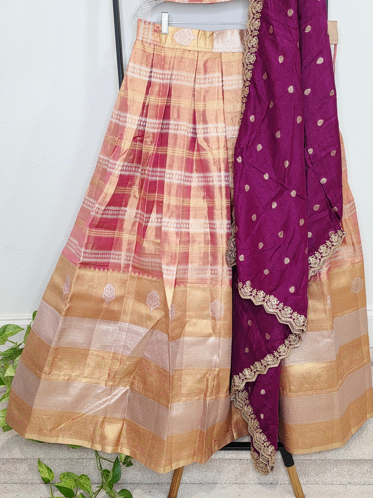 Sunset Peach Gold Tissue Benarasi Half Saree Lehenga Set with Regal Magenta Munga Silk Cutwork Dupatta