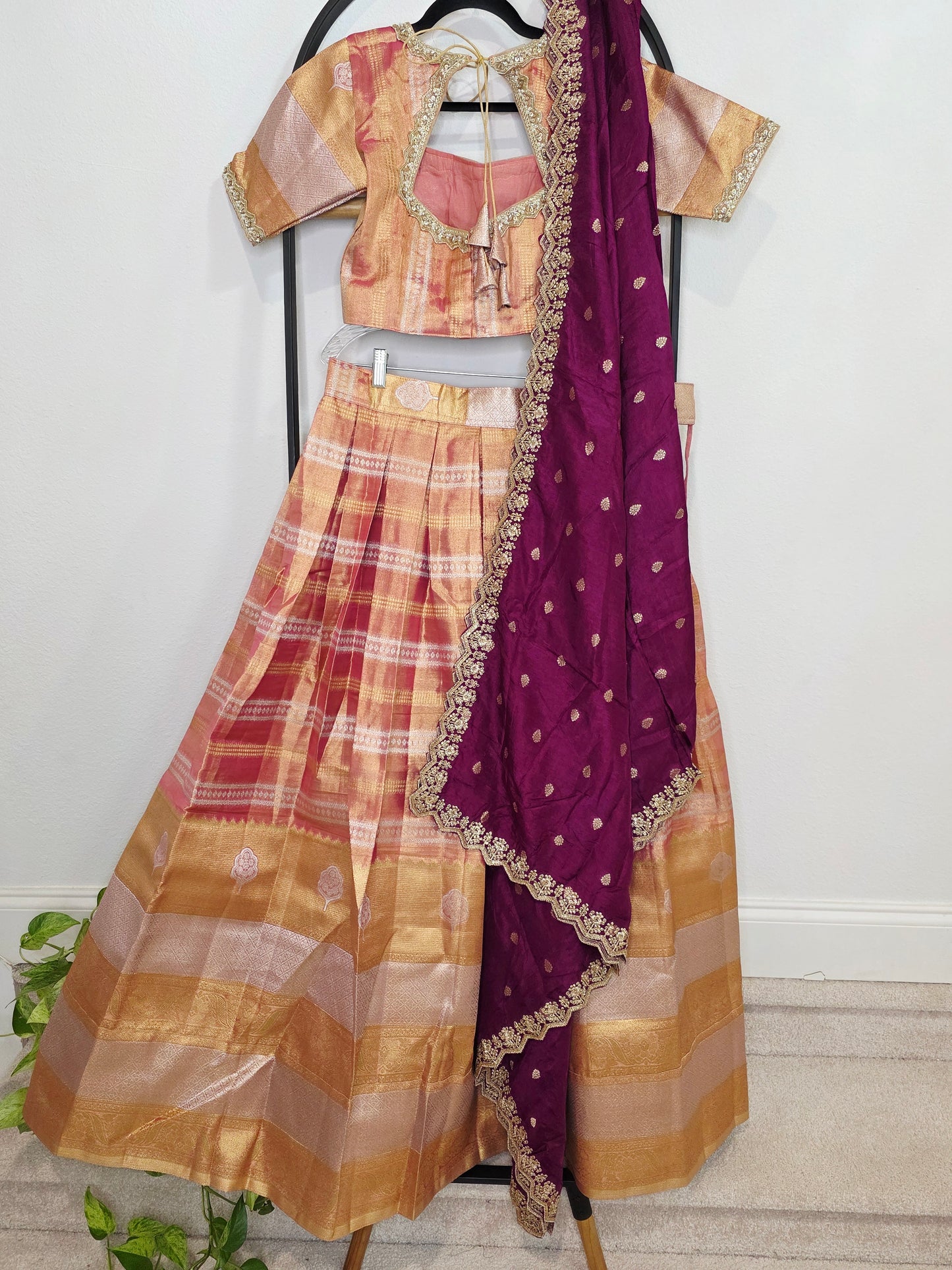 Sunset Peach Gold Tissue Benarasi Half Saree Lehenga Set with Regal Magenta Munga Silk Cutwork Dupatta
