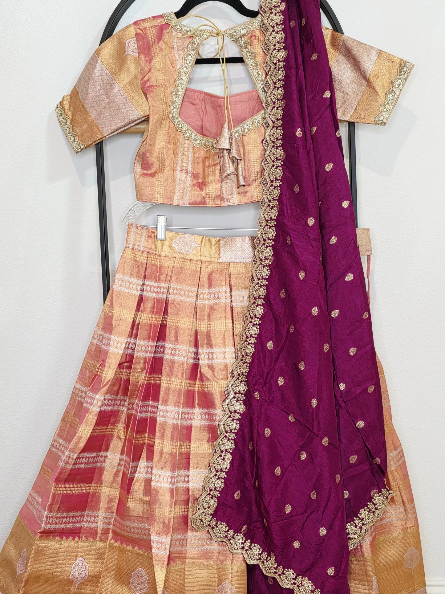 Sunset Peach Gold Tissue Benarasi Half Saree Lehenga Set with Regal Magenta Munga Silk Cutwork Dupatta