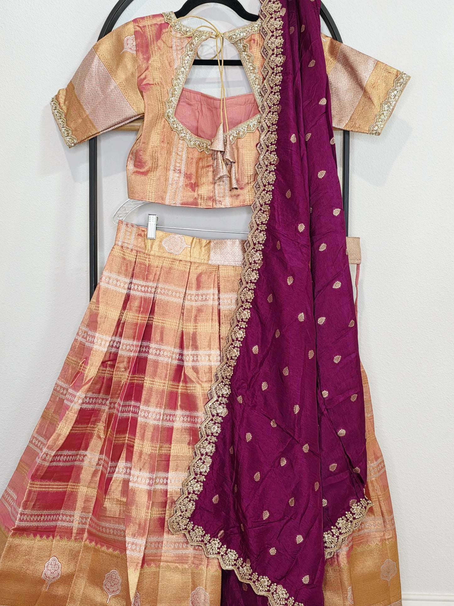 Sunset Peach Gold Tissue Benarasi Half Saree Lehenga Set with Regal Magenta Munga Silk Cutwork Dupatta