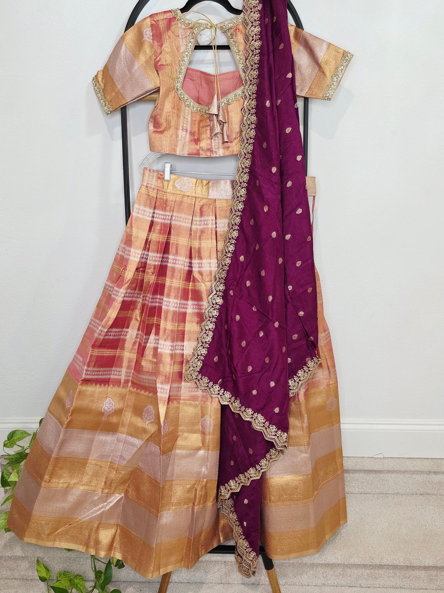 Sunset Peach Gold Tissue Benarasi Half Saree Lehenga Set with Regal Magenta Munga Silk Cutwork Dupatta