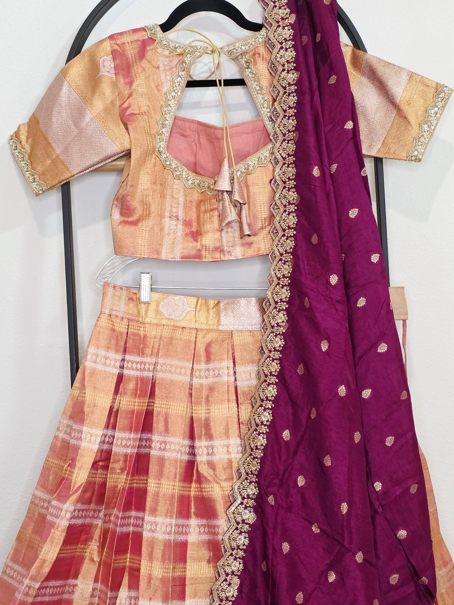 Sunset Peach Gold Tissue Benarasi Half Saree Lehenga Set with Regal Magenta Munga Silk Cutwork Dupatta