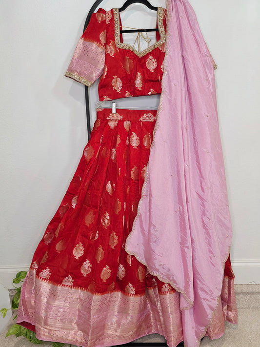Royal Vermilion Red & Blush Pink Benarasi Half Saree Lehenga Set with Soft Pink Dupatta