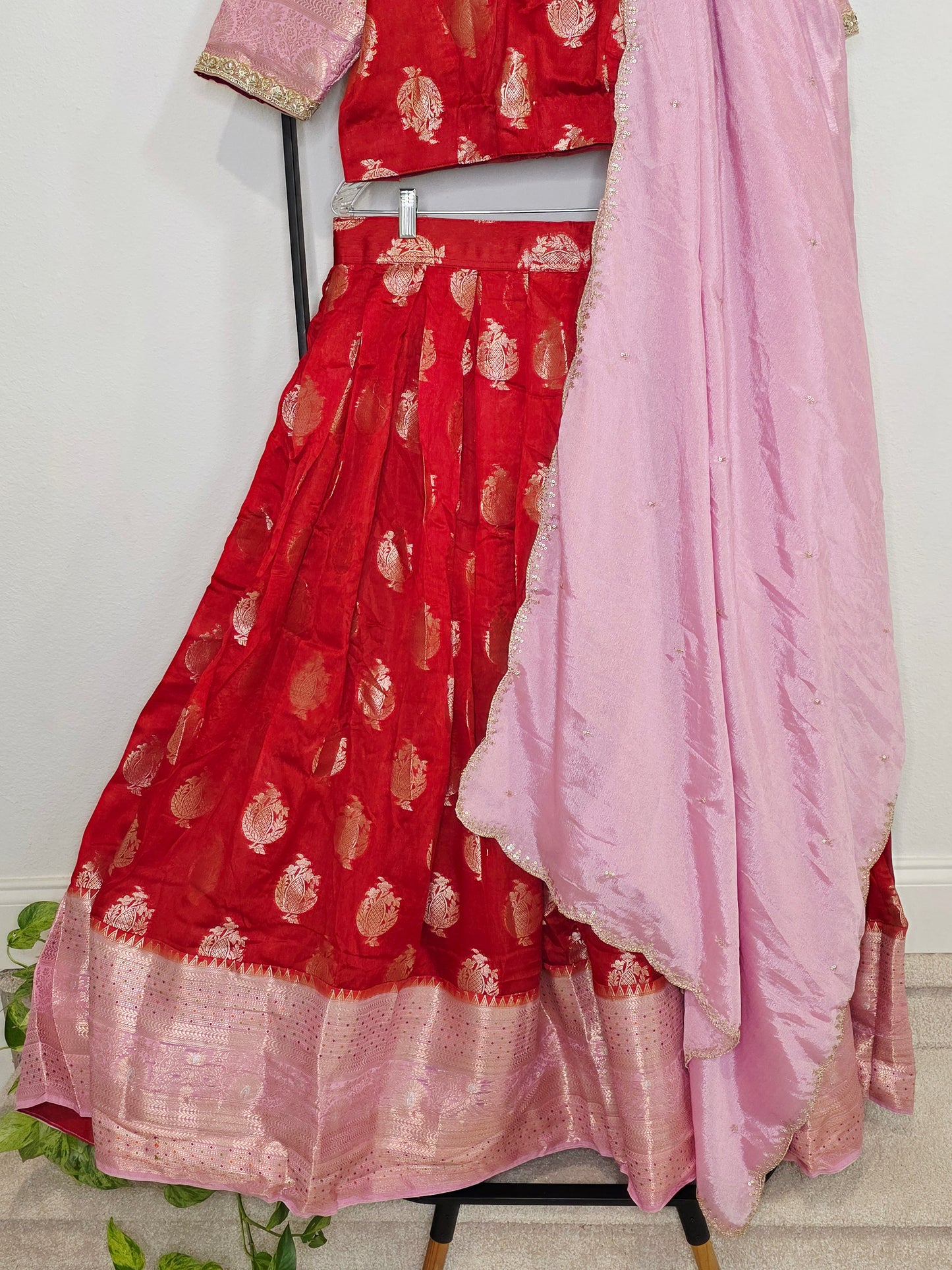 Royal Vermilion Red & Blush Pink Benarasi Half Saree Lehenga Set with Soft Pink Dupatta