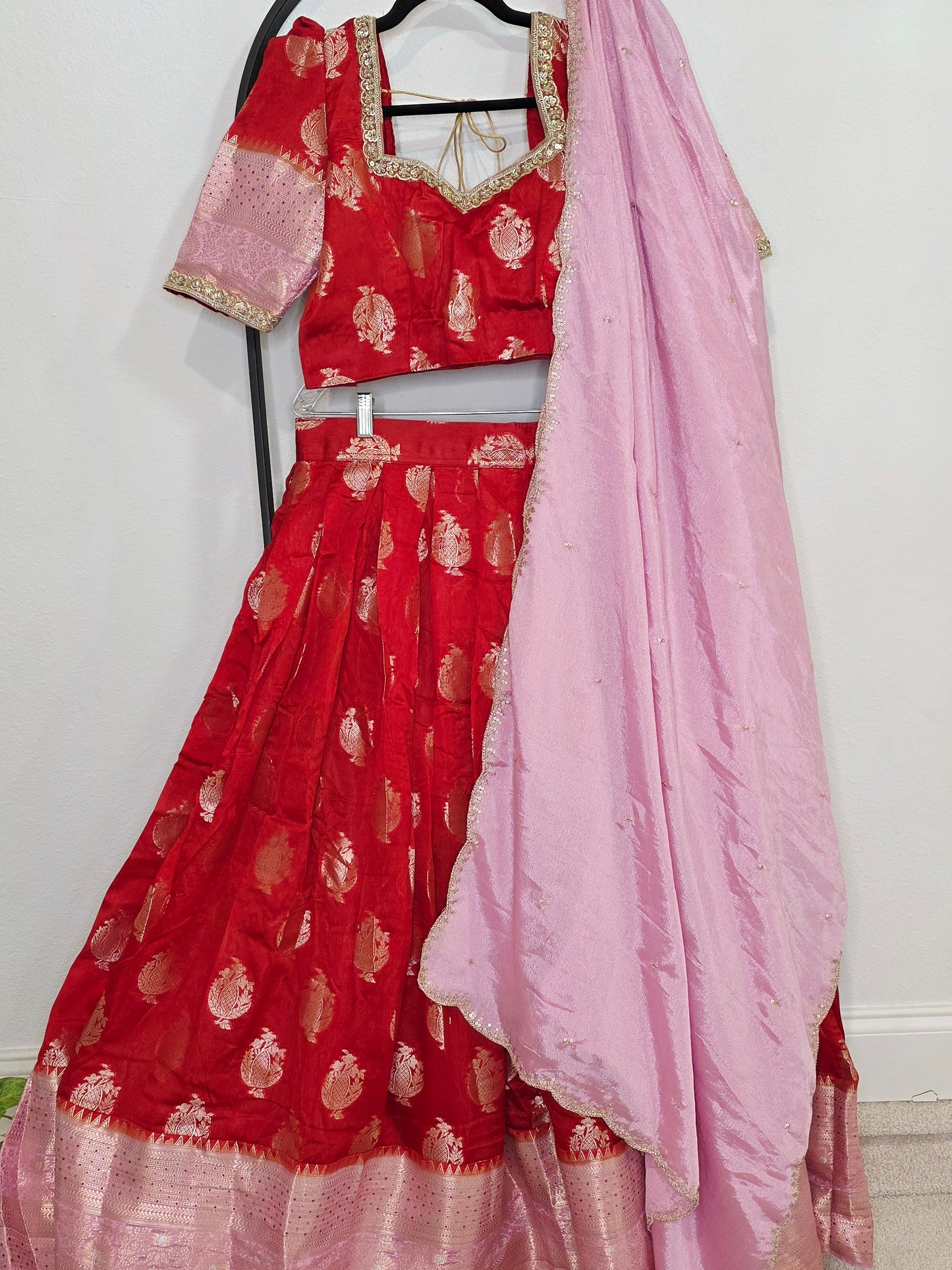 Royal Vermilion Red & Blush Pink Benarasi Half Saree Lehenga Set with Soft Pink Dupatta