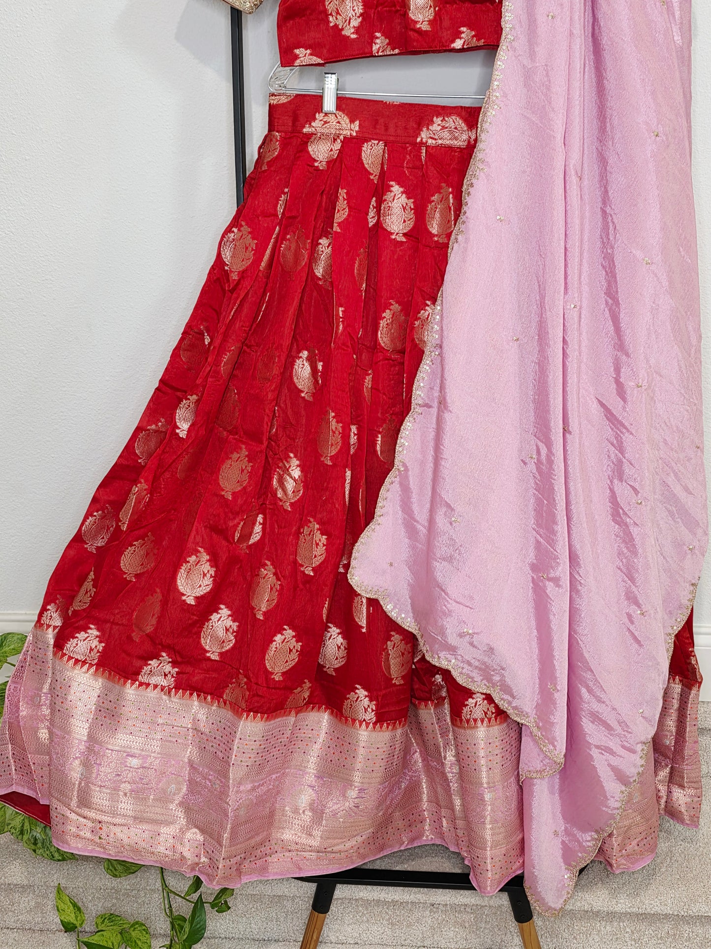 Royal Vermilion Red & Blush Pink Benarasi Half Saree Lehenga Set with Soft Pink Dupatta