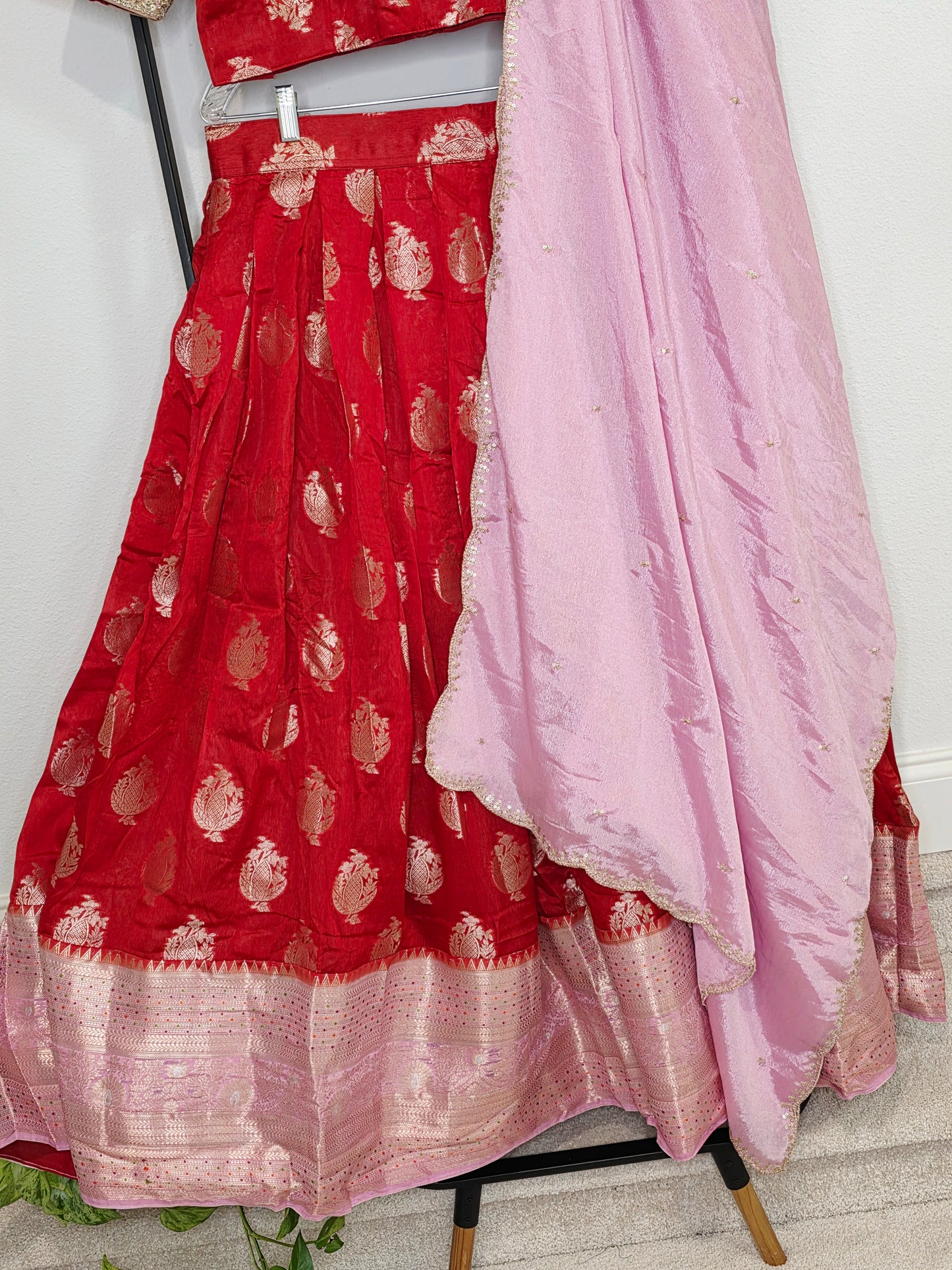 Royal Vermilion Red & Blush Pink Benarasi Half Saree Lehenga Set with Soft Pink Dupatta