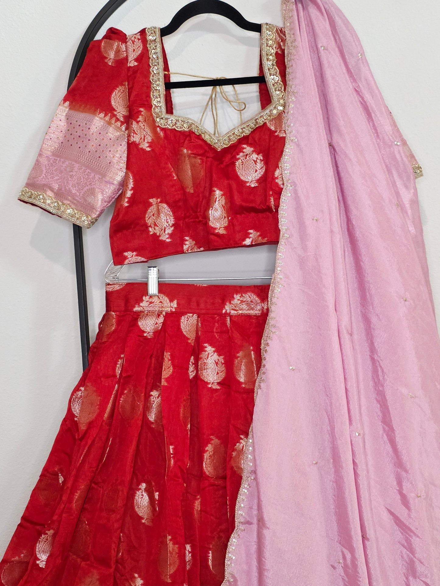 Royal Vermilion Red & Blush Pink Benarasi Half Saree Lehenga Set with Soft Pink Dupatta