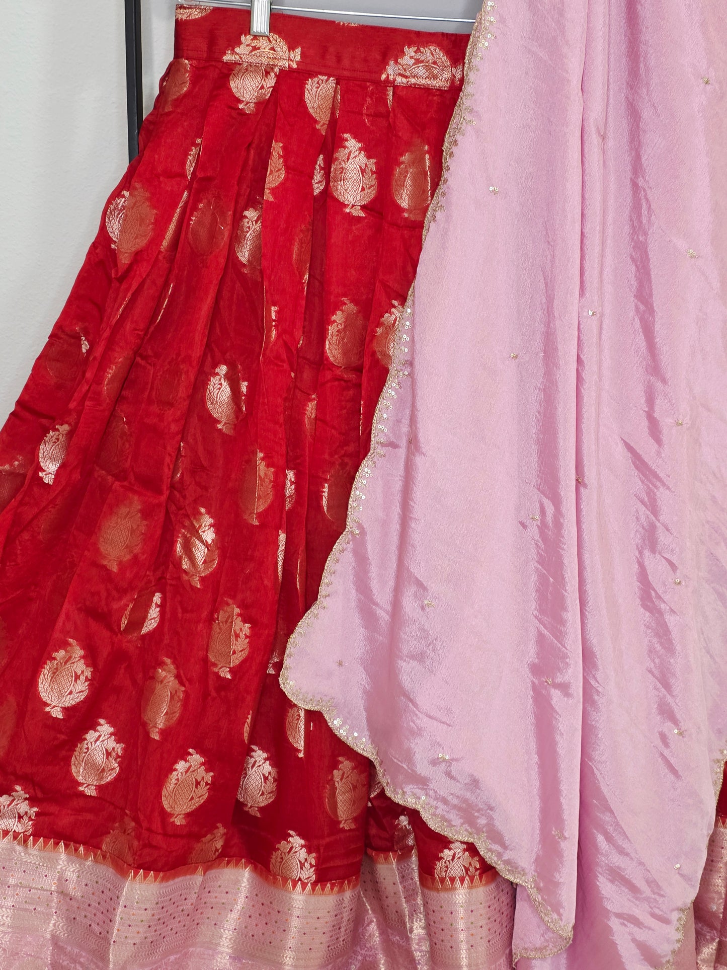 Royal Vermilion Red & Blush Pink Benarasi Half Saree Lehenga Set with Soft Pink Dupatta