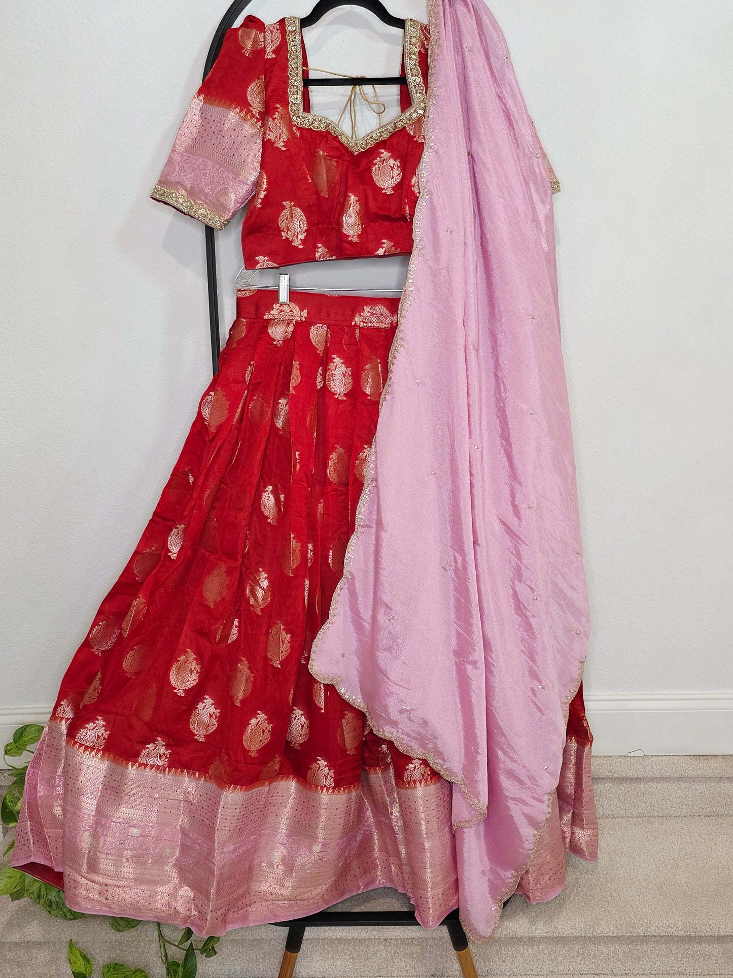 Royal Vermilion Red & Blush Pink Benarasi Half Saree Lehenga Set with Soft Pink Dupatta