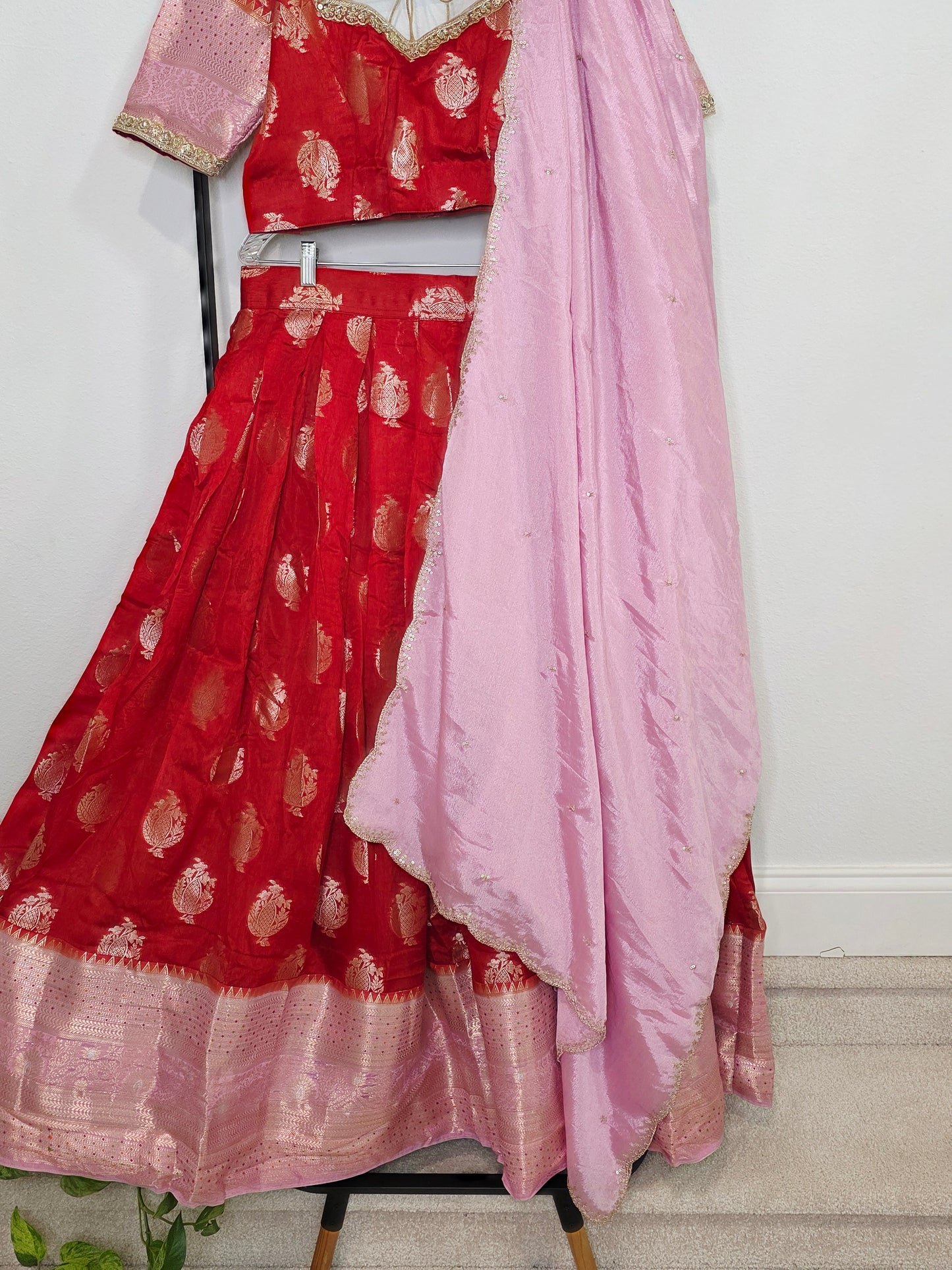 Royal Vermilion Red & Blush Pink Benarasi Half Saree Lehenga Set with Soft Pink Dupatta
