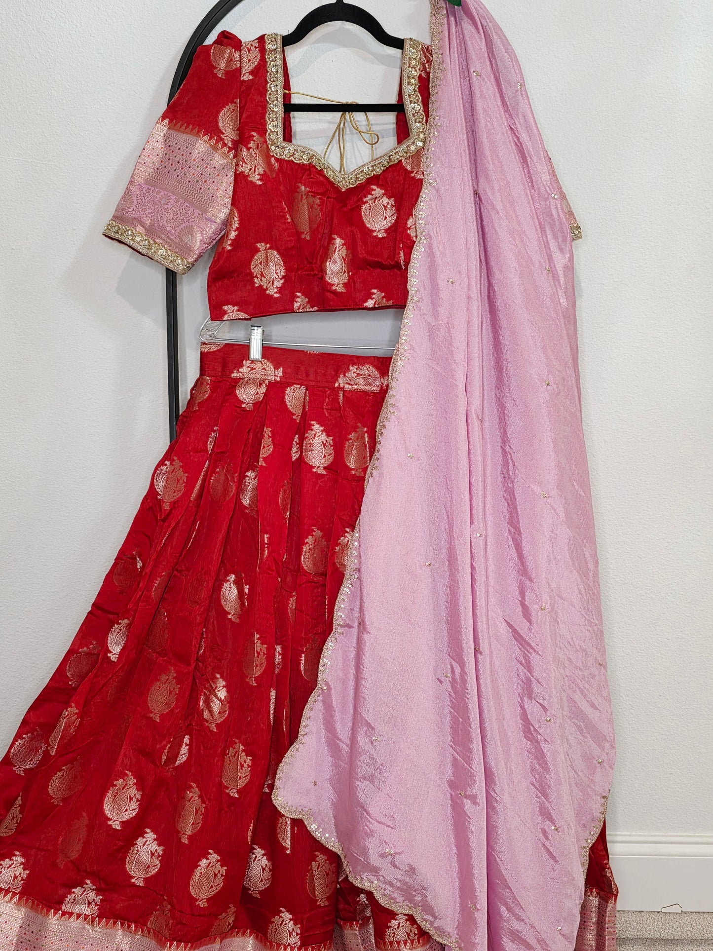 Royal Vermilion Red & Blush Pink Benarasi Half Saree Lehenga Set with Soft Pink Dupatta