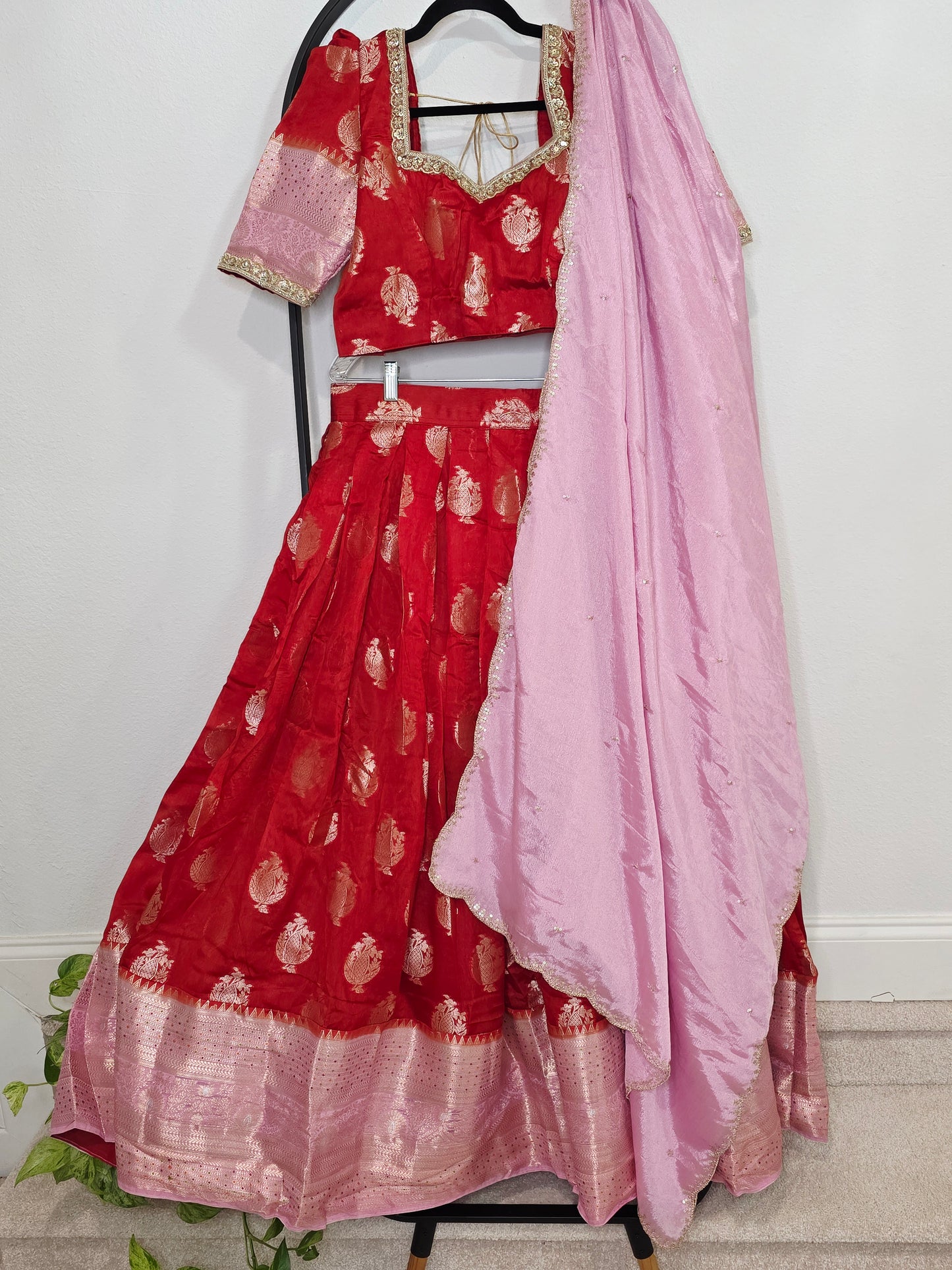 Royal Vermilion Red & Blush Pink Benarasi Half Saree Lehenga Set with Soft Pink Dupatta