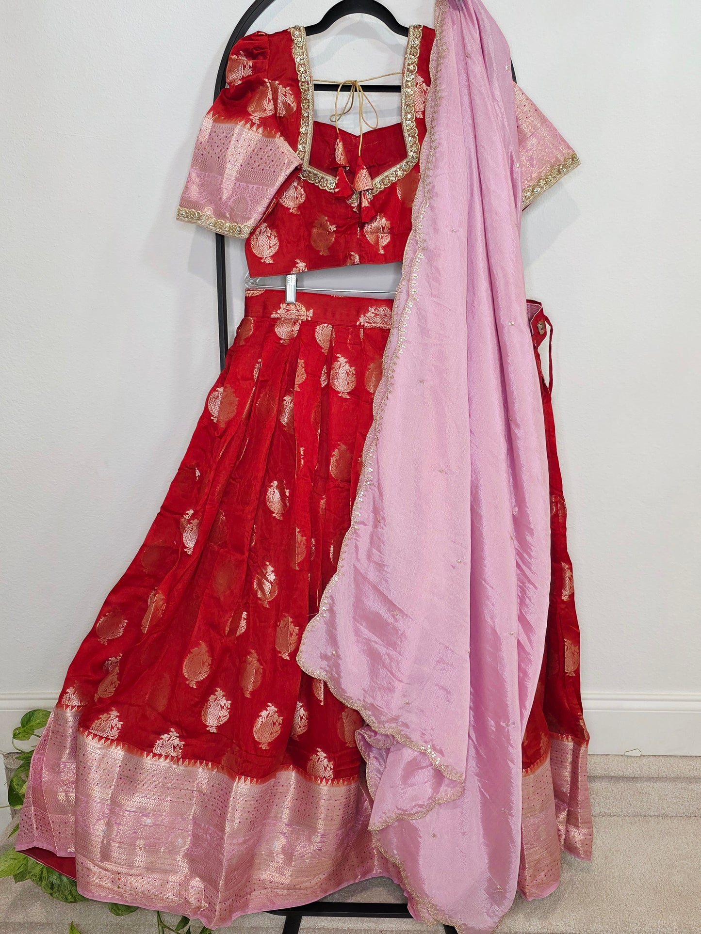 Royal Vermilion Red & Blush Pink Benarasi Half Saree Lehenga Set with Soft Pink Dupatta