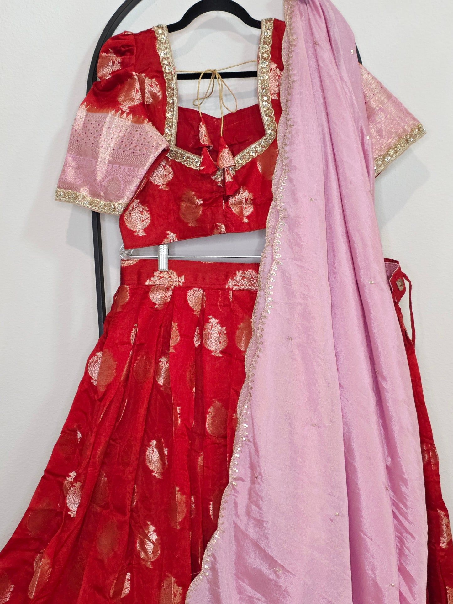 Royal Vermilion Red & Blush Pink Benarasi Half Saree Lehenga Set with Soft Pink Dupatta