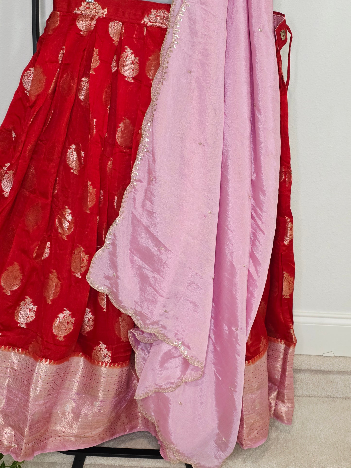 Royal Vermilion Red & Blush Pink Benarasi Half Saree Lehenga Set with Soft Pink Dupatta