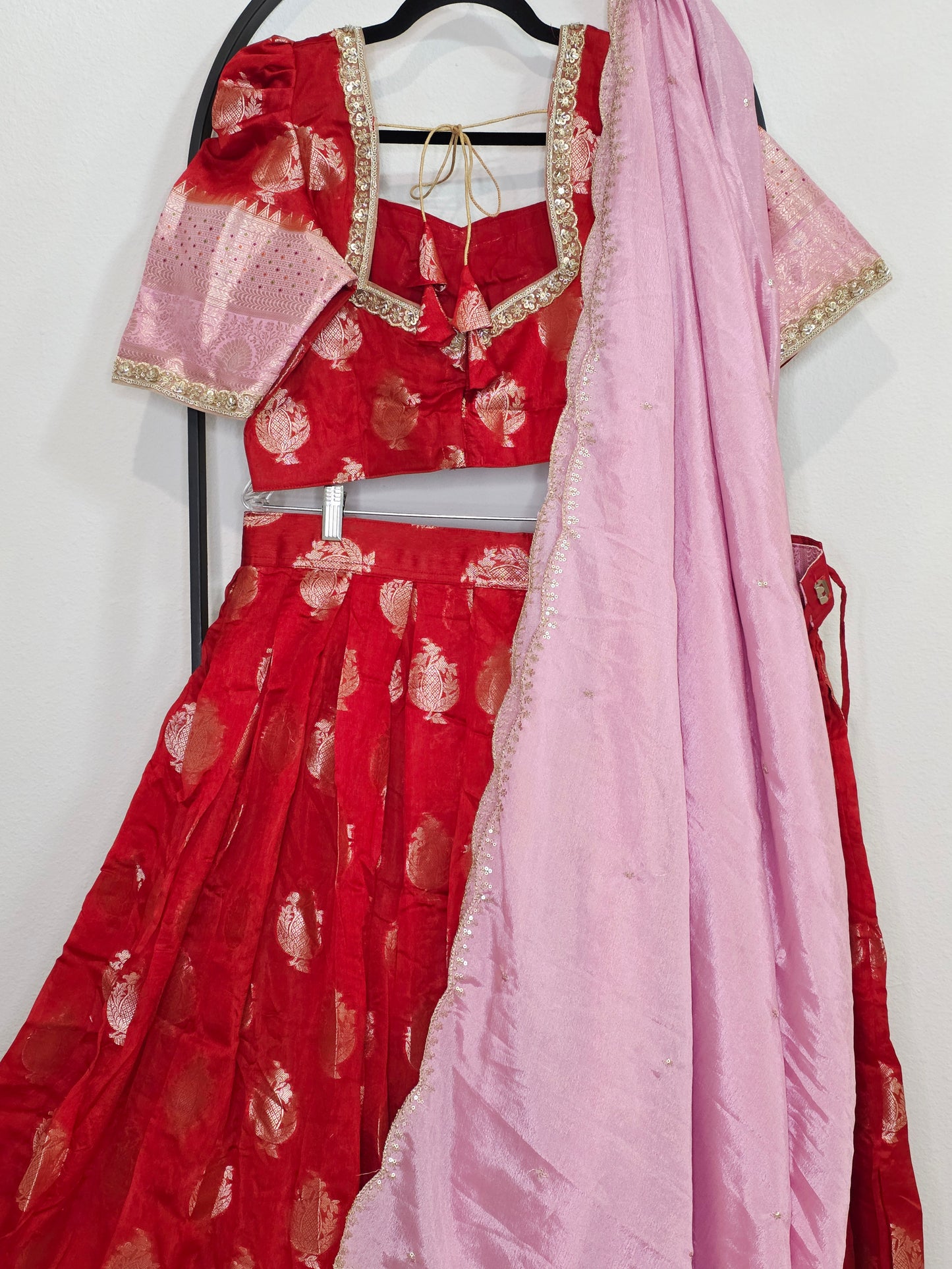 Royal Vermilion Red & Blush Pink Benarasi Half Saree Lehenga Set with Soft Pink Dupatta