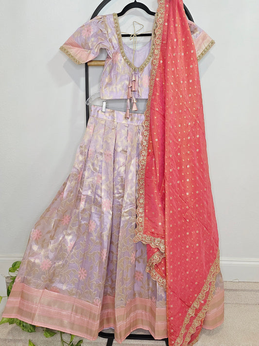 Pastel Lavender Gold Radiance Tissue Benarasi Half Saree Lehenga Set with Coral Munga Silk Cutwork Dupatta