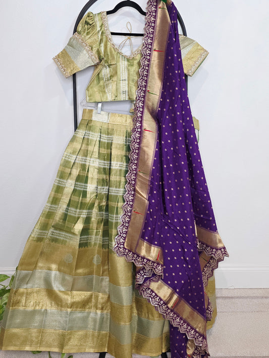 Royal Pistachio Gold Tissue Benarasi Half Saree Lehenga Set with Regal Purple Munga Silk Cutwork Dupatta