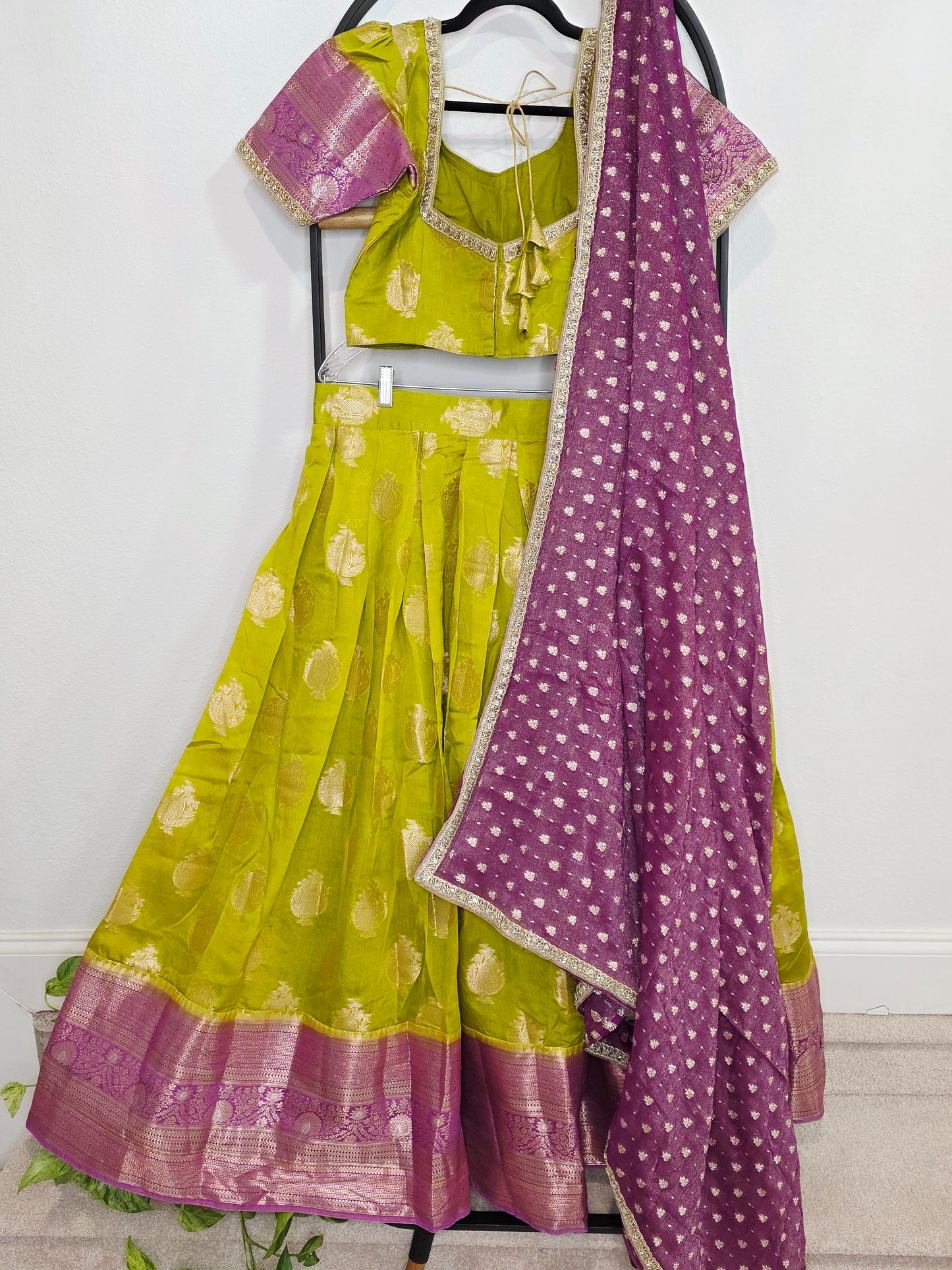 Royal Green Mango Green & Rani Purple Benarasi Half Saree Lehenga Set with Zari Dupatta