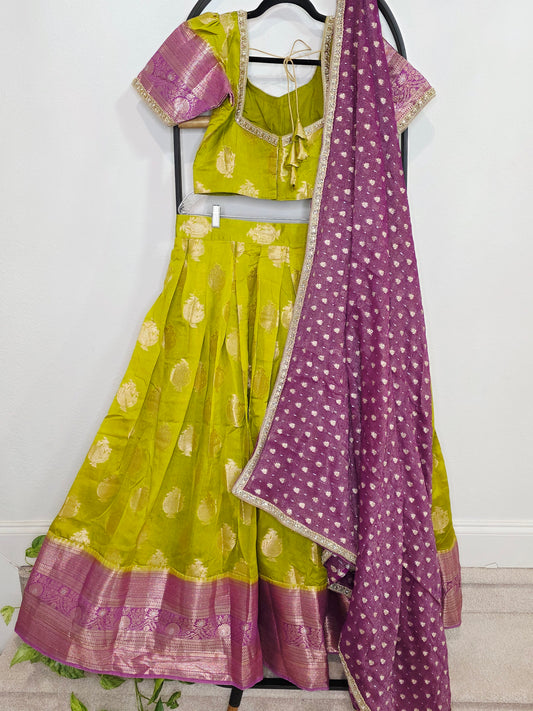 Royal Green Mango Green & Rani Purple Benarasi Half Saree Lehenga Set with Zari Dupatta