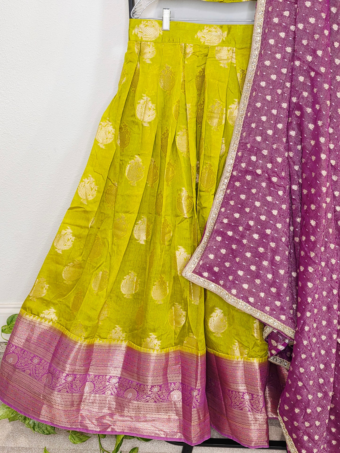 Royal Green Mango Green & Rani Purple Benarasi Half Saree Lehenga Set with Zari Dupatta