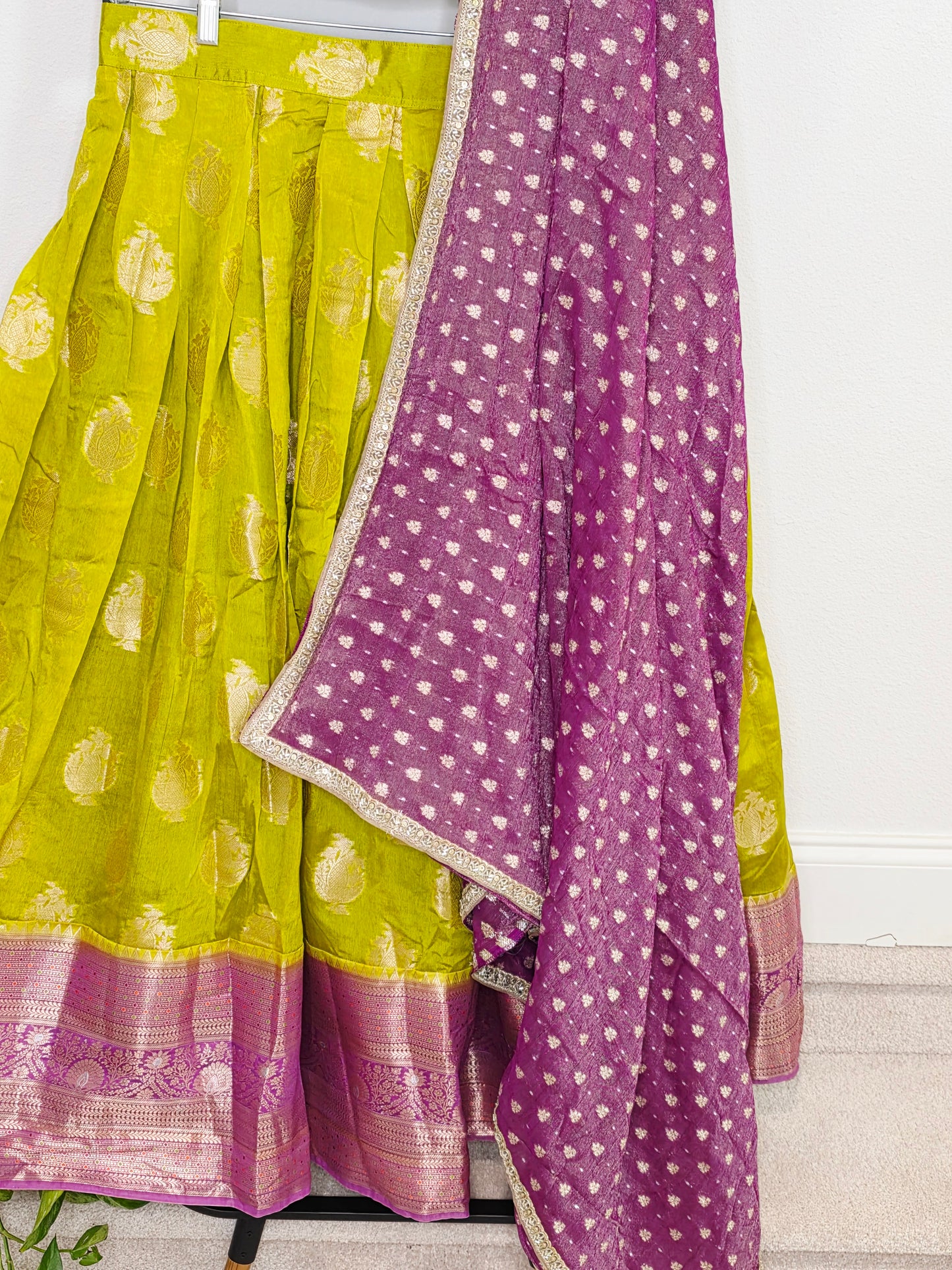 Royal Green Mango Green & Rani Purple Benarasi Half Saree Lehenga Set with Zari Dupatta