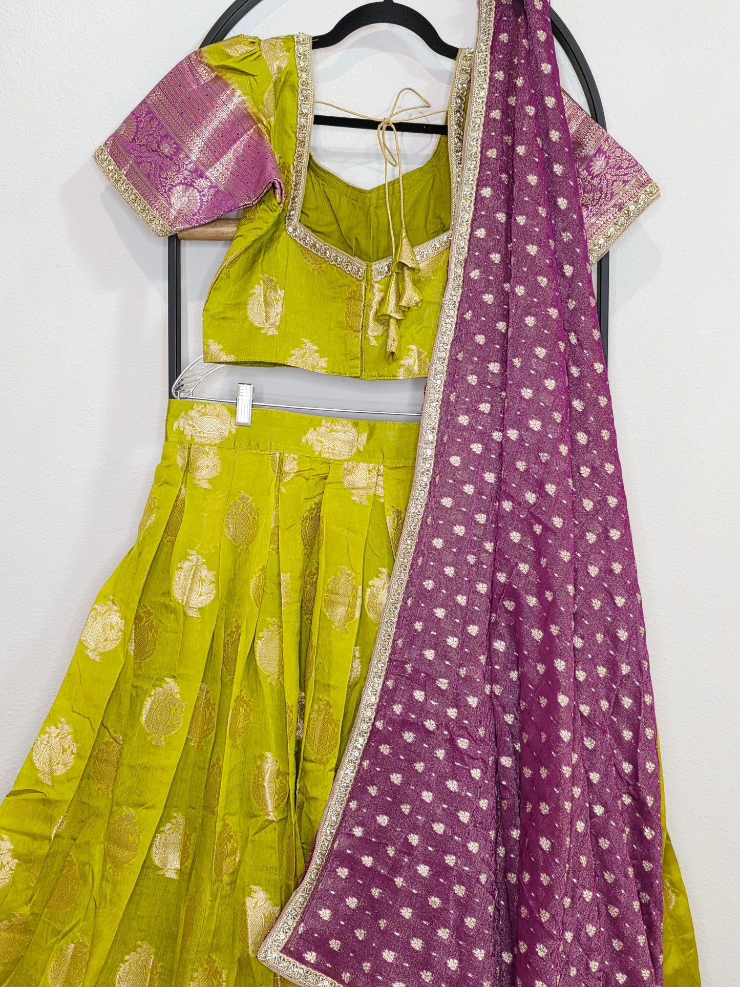 Royal Green Mango Green & Rani Purple Benarasi Half Saree Lehenga Set with Zari Dupatta
